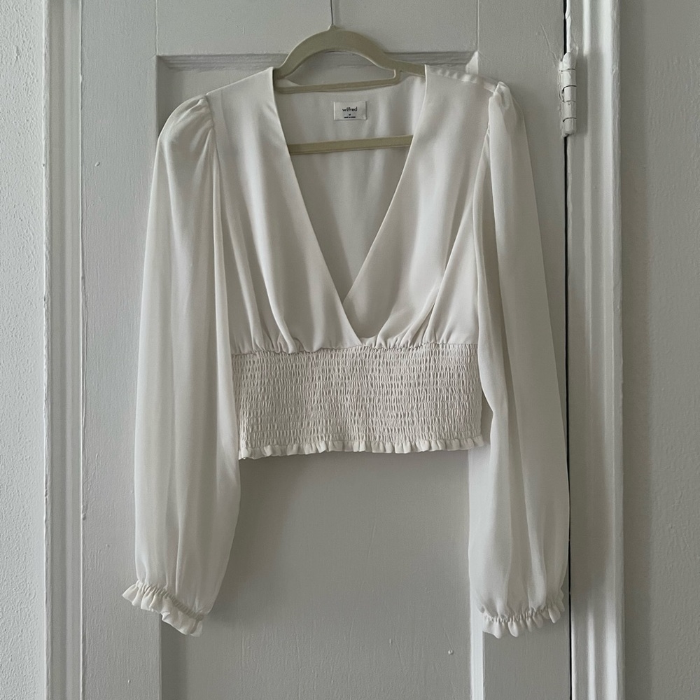 Aritzia White Smocked Crop Blouse